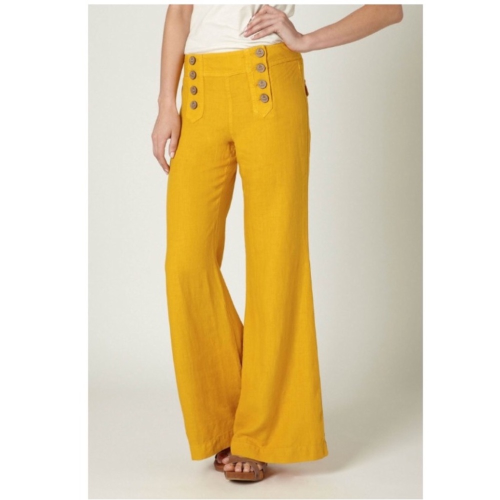 Anthropologie Elevenses Capacious Wide Leg Linen Sailor Pants In Yellow Size 6